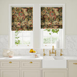 Blinds in a multicoloured printed velvet fabric featuring large, asymmetrical leaves and flowers.