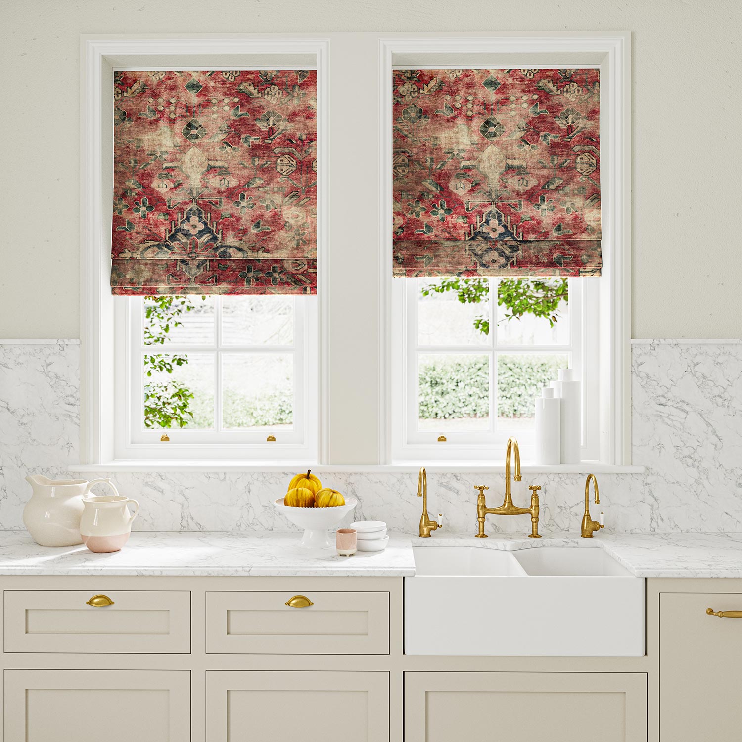 Blinds in a printed velvet fabric in red with the feel of a vintage rug.