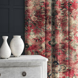 Curtain in a printed velvet fabric in red with the feel of a vintage rug.