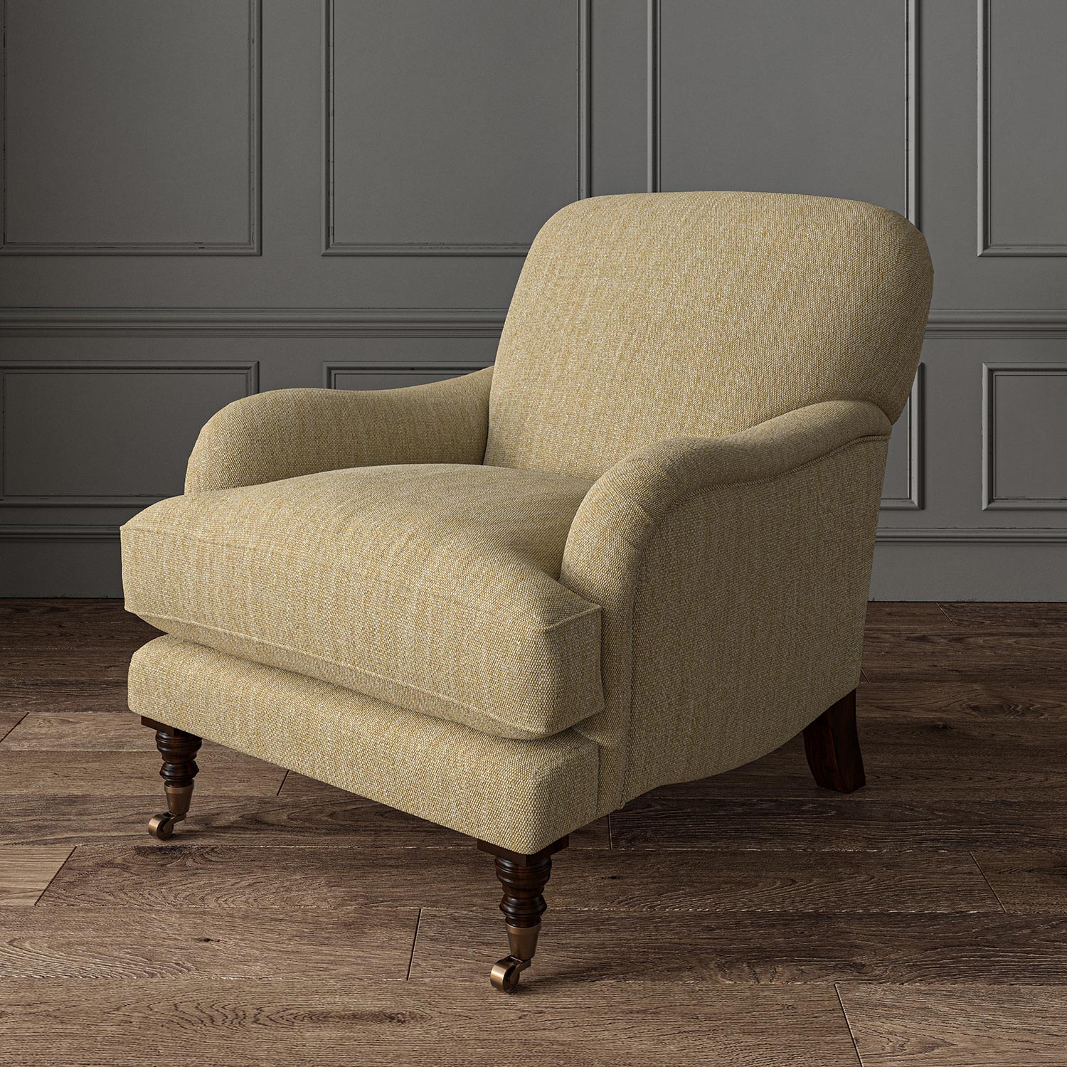 Chair upholstered in a plain luxurious woven fabric in yellow.