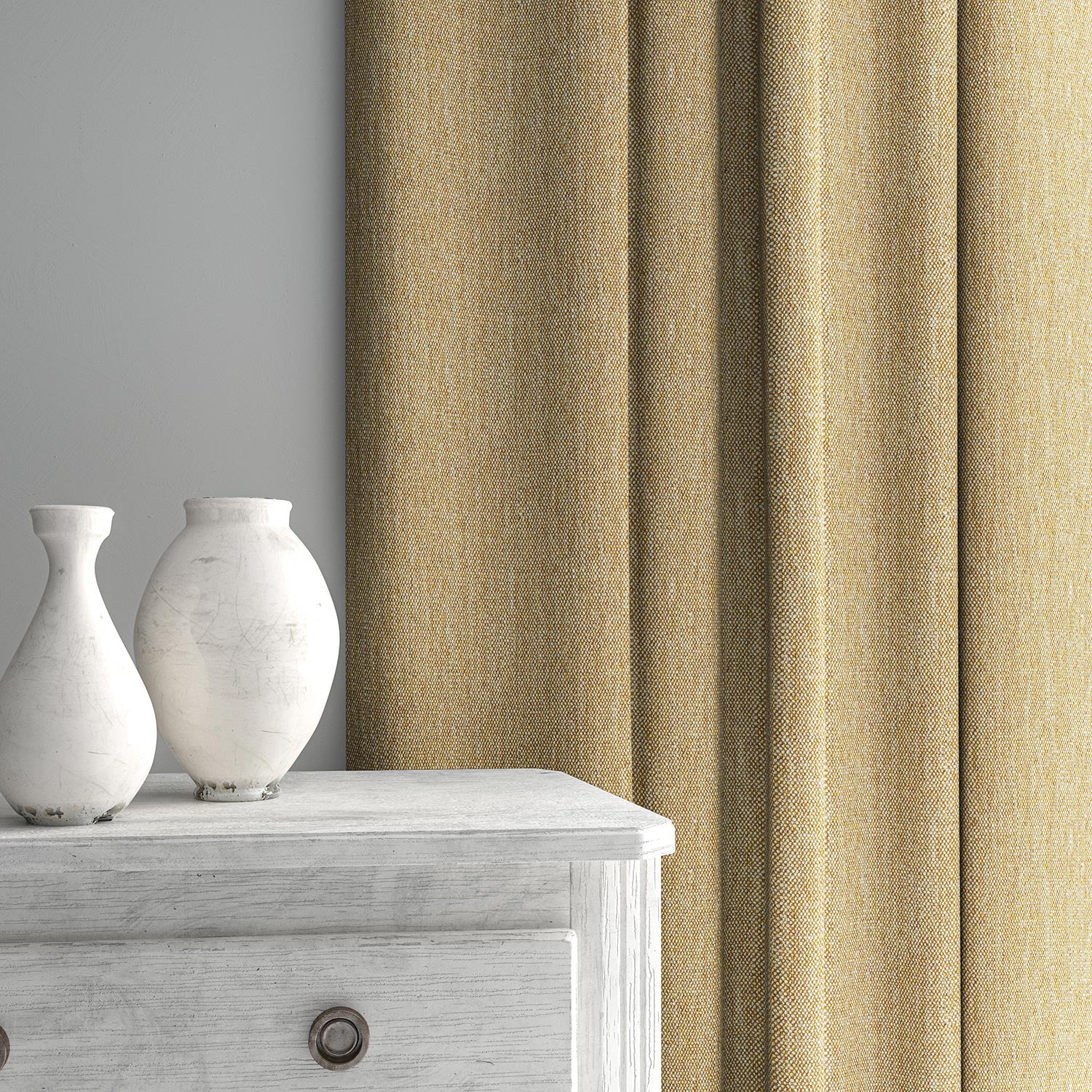 Curtain made from a plain luxurious woven fabric in yellow.