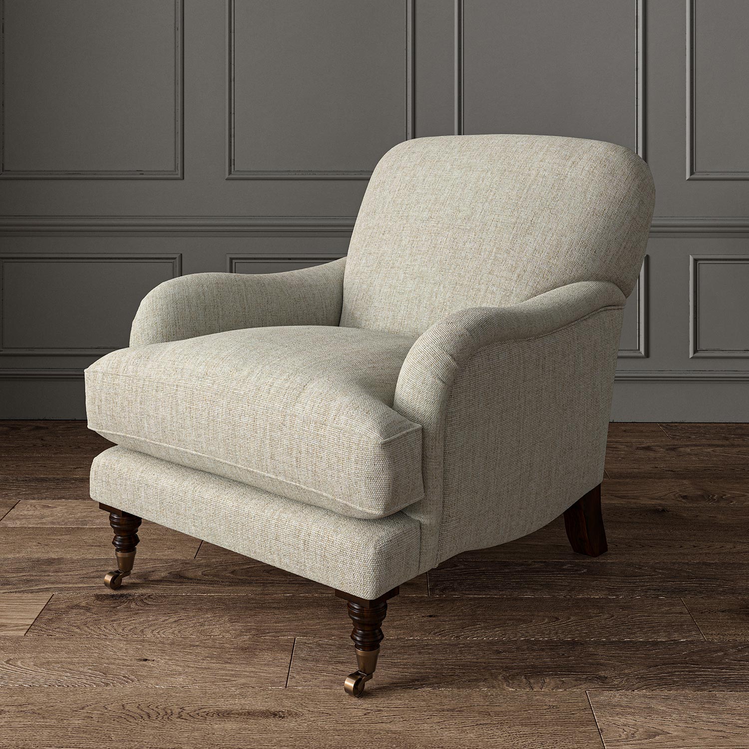 Chair upholstered in a plain luxurious woven fabric in cream.