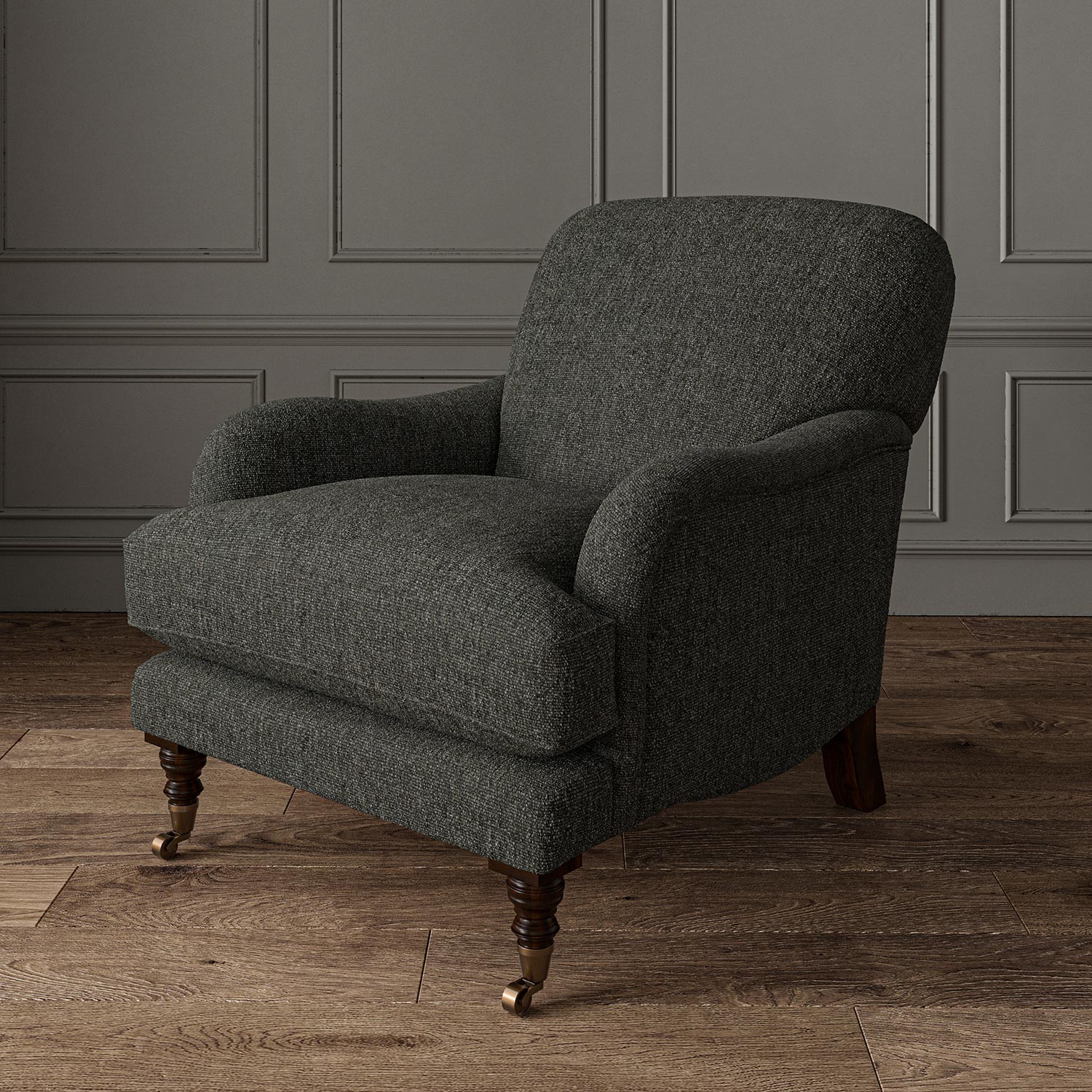 Chair upholstered in a plain luxurious woven fabric in grey.