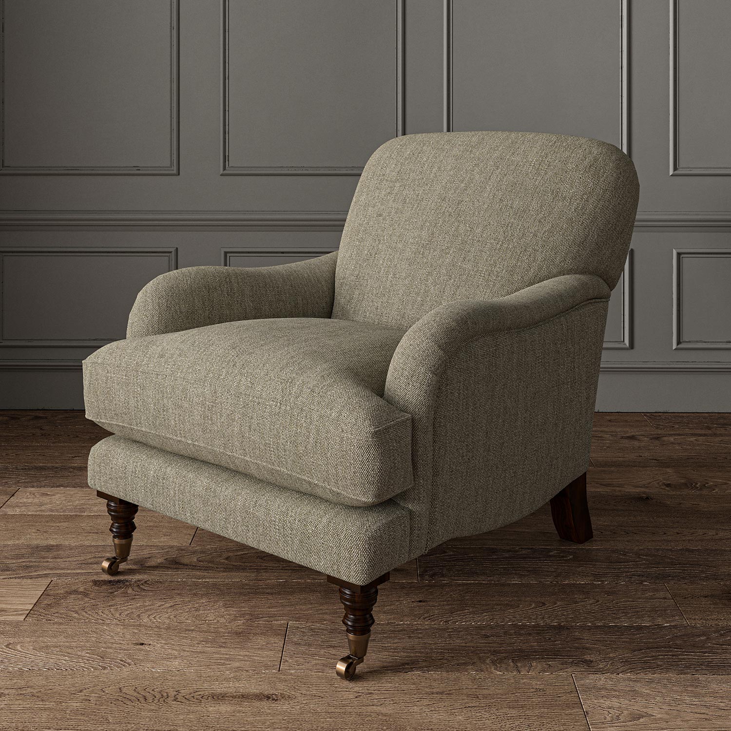 Chair upholstered in a plain luxurious woven fabric in brown.