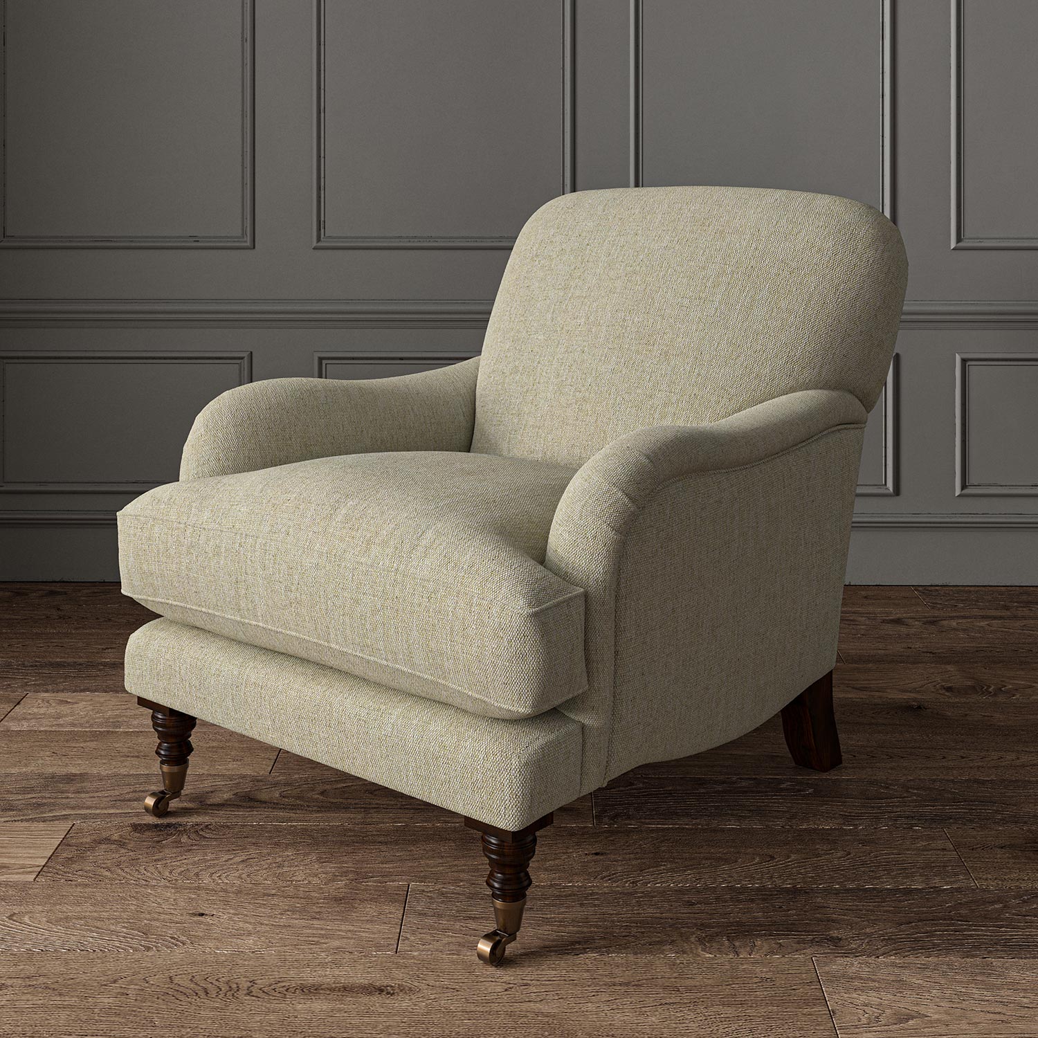 Chair upholstered in a plain luxurious woven fabric in cream.