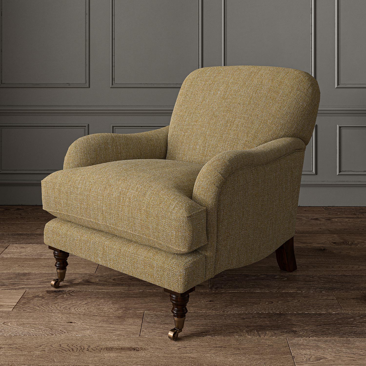 Chair upholstered in a plain luxurious woven fabric in yellow.