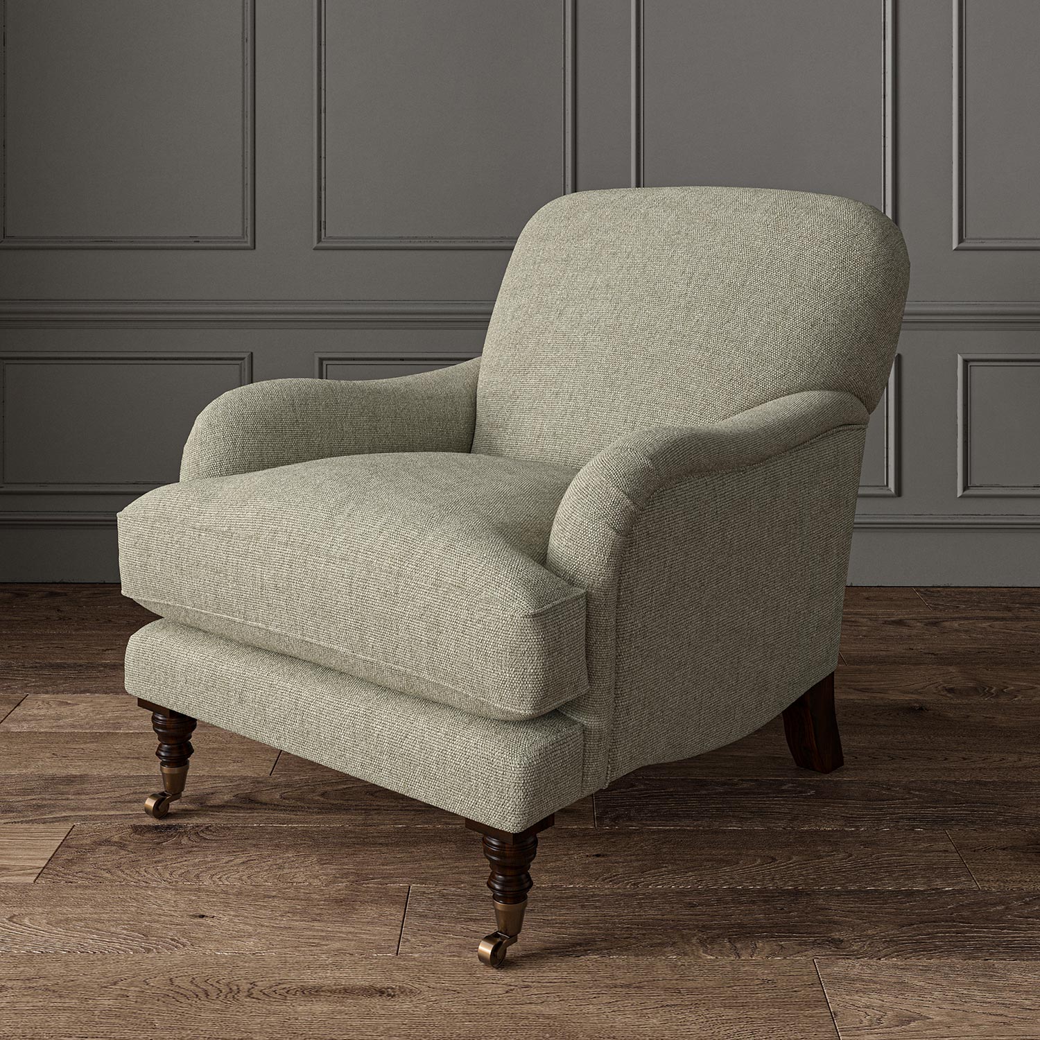 Chair upholstered in a plain luxurious woven fabric in brown.