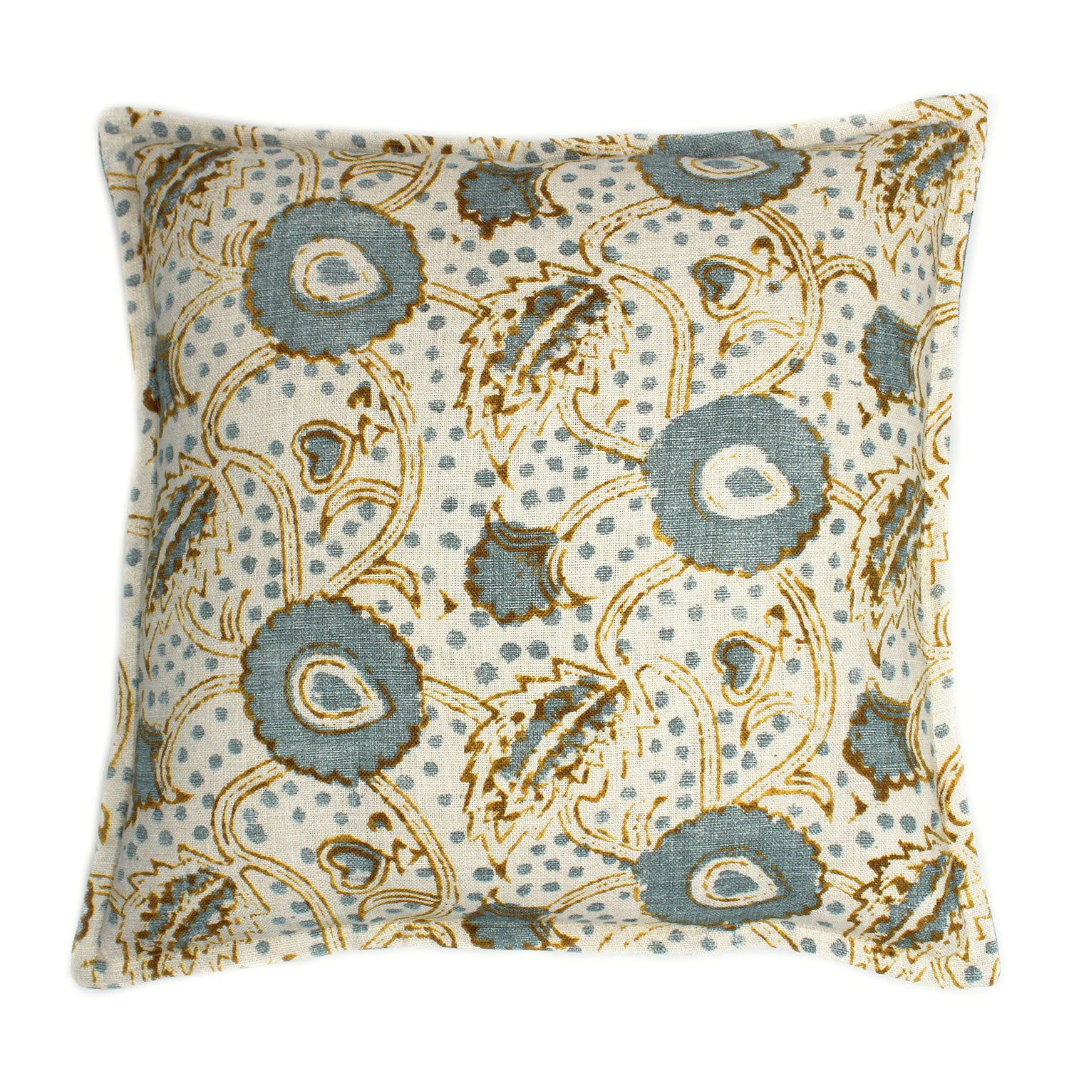 A blue, brown and cream linen cushion with a stylised floral pattern.