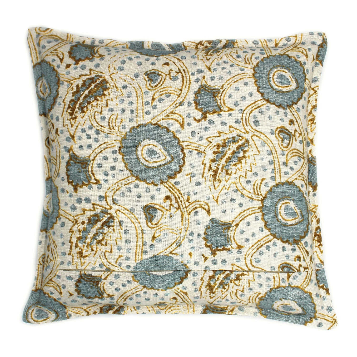 A blue, brown and cream linen cushion with a stylised floral pattern.