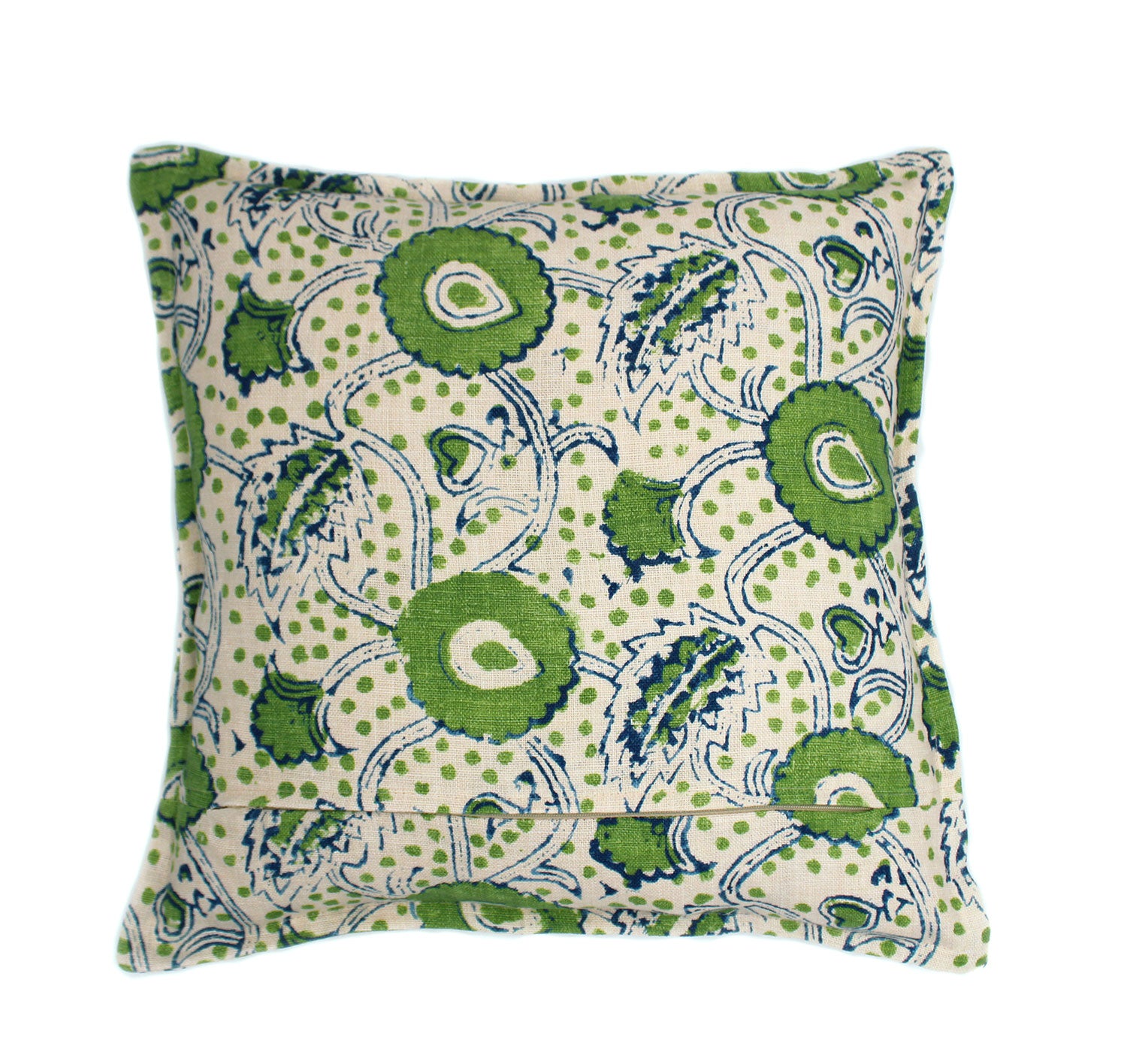 A green, blue and cream linen cushion with a stylised floral pattern.