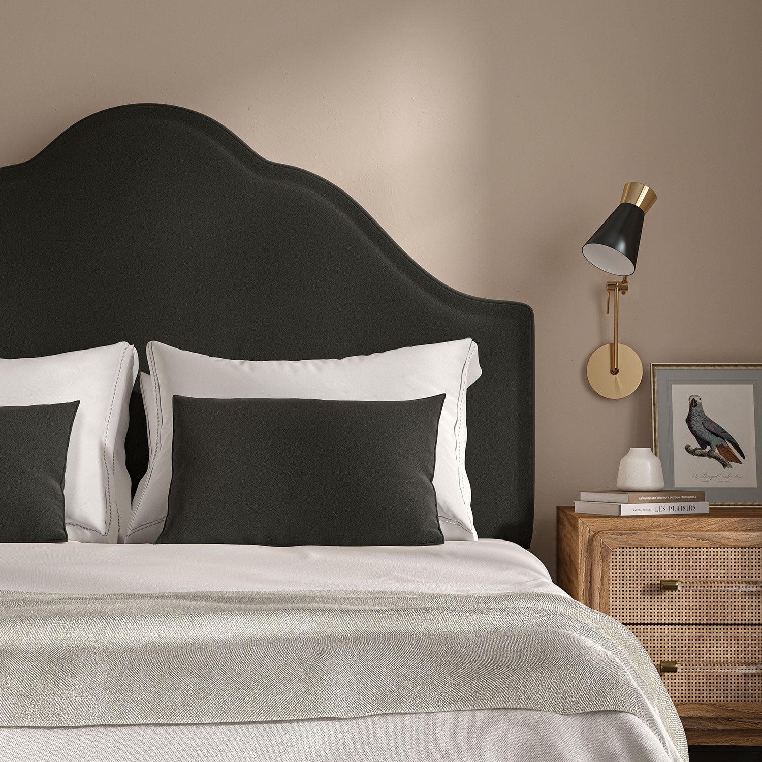 This dark neutral headboard is made from a 100% British wool woven fabric.