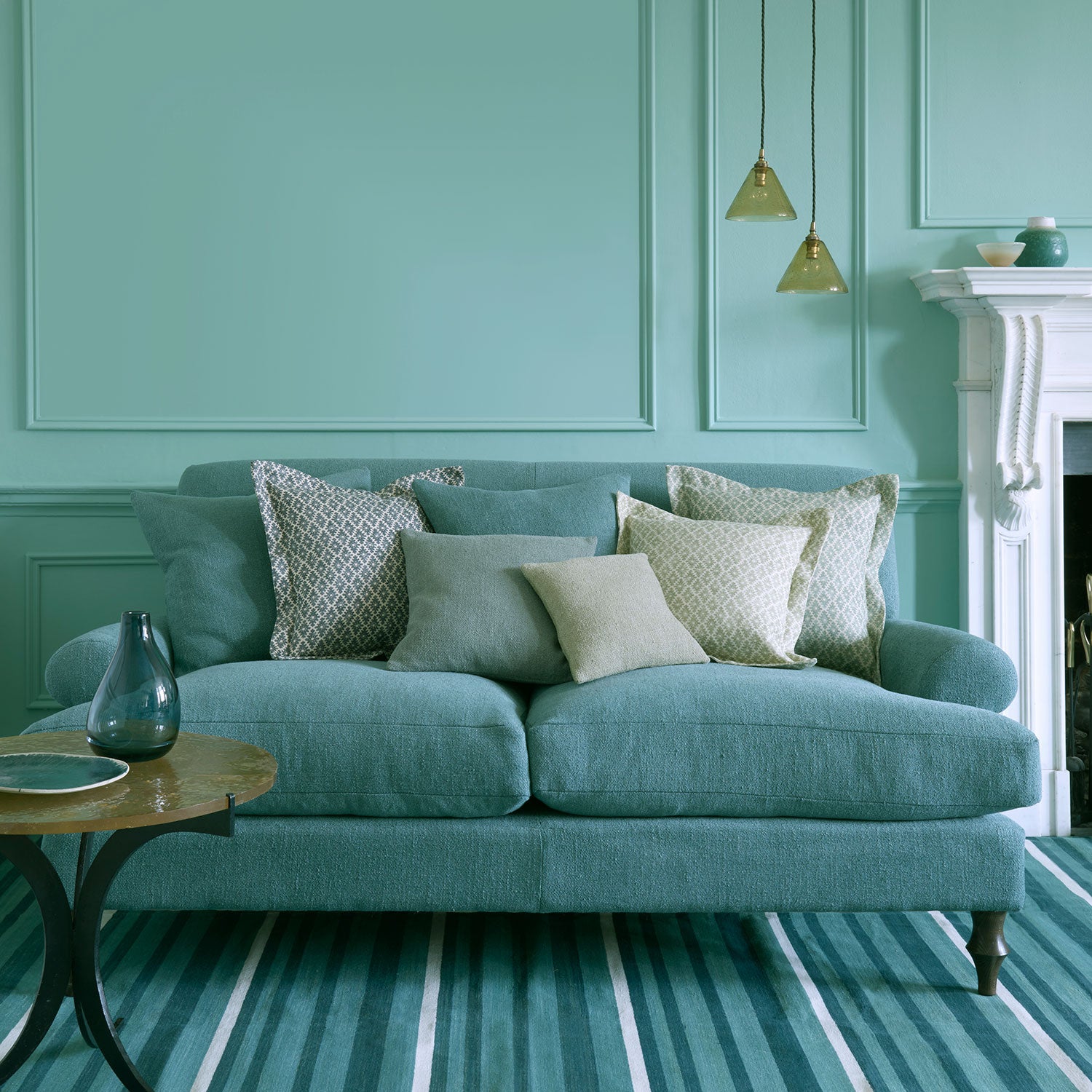 Sofa covered in a boucle fabric in Fjord