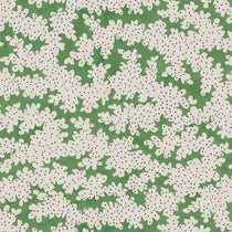 A printed linen fabric sample in green, black and off white featuring a stylized coral pattern.