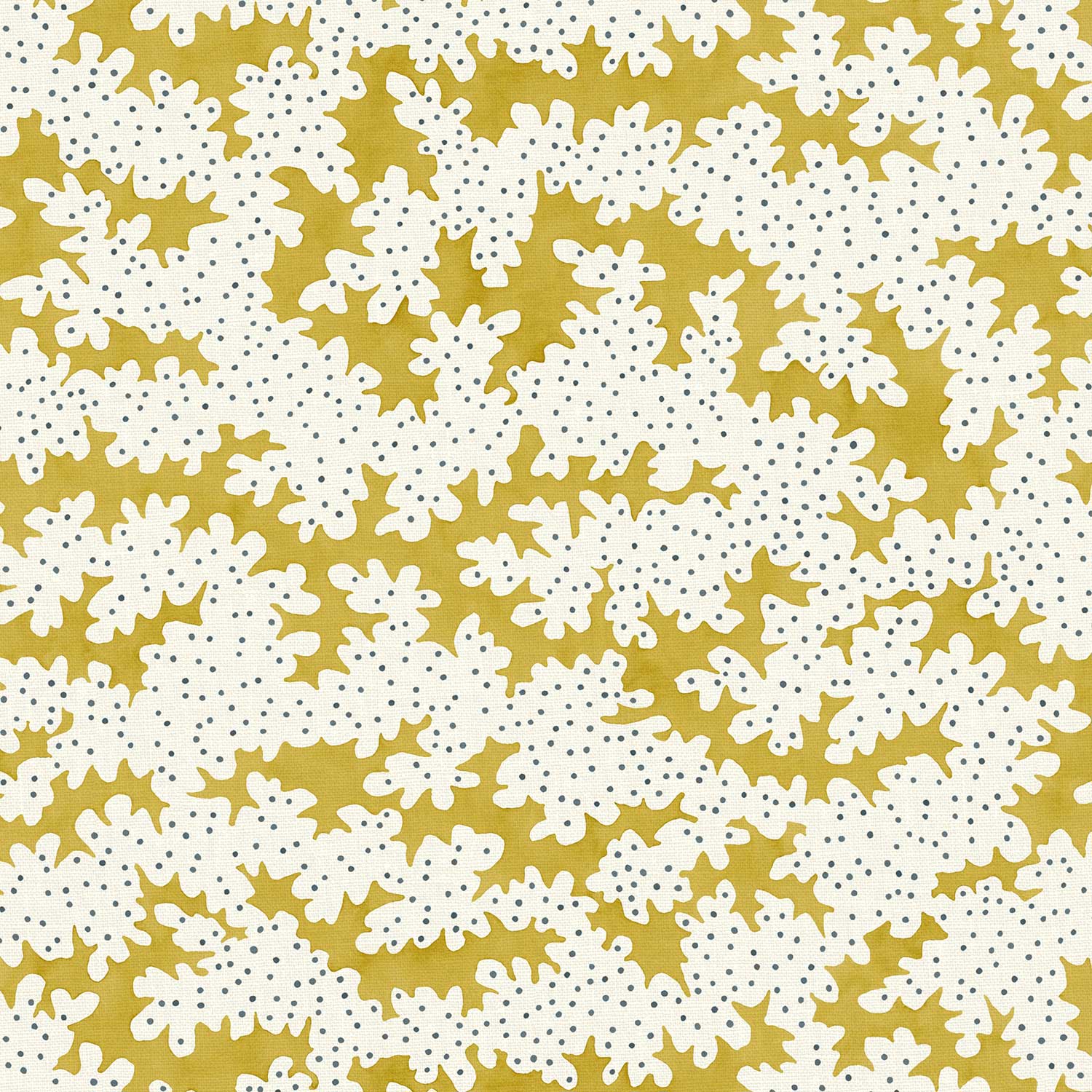 A printed linen fabric sample in yellow, blue and off white featuring a stylized coral pattern.