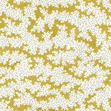 A printed linen fabric sample in yellow, blue and off white featuring a stylized coral pattern.