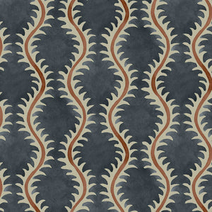 A printed linen fabric sample in blue, orange and off white featuring a stylized fern pattern.