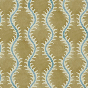 A printed linen fabric sample in yellow, blue and off white featuring a stylized fern pattern.