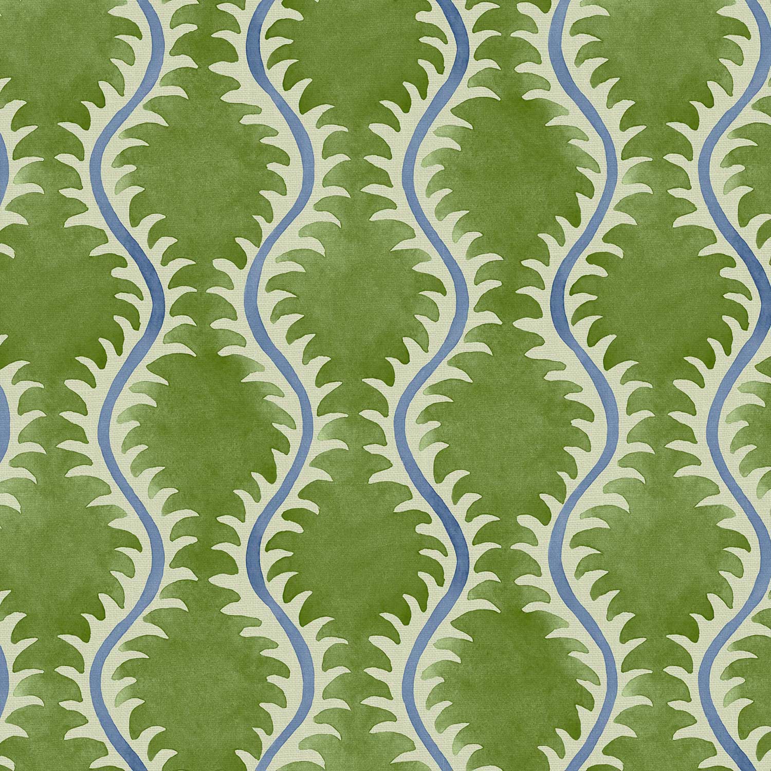 A printed linen fabric sample in blue and green featuring a stylized fern pattern.