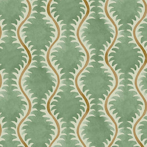 A printed linen fabric sample in green, brown and off white featuring a stylized fern pattern.