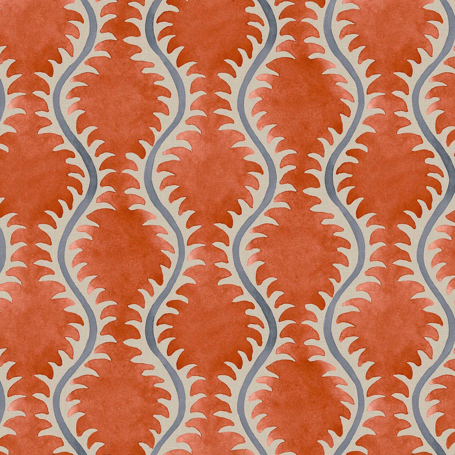 A printed linen fabric sample in blue and orange featuring a stylized fern pattern.
