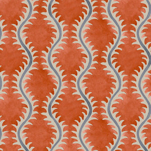 A printed linen fabric sample in blue and orange featuring a stylized fern pattern.