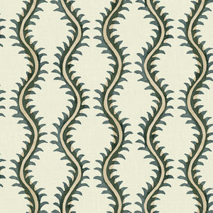 A printed linen fabric sample in green and off white featuring a stylized fern pattern.