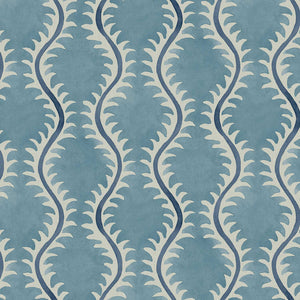 A printed linen fabric sample in blue and off white featuring a stylized fern pattern.