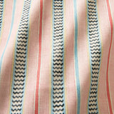 A multicoloured – pink, red and blue – printed linen fabric sample featuring stripes, wavy edges and zigzags.