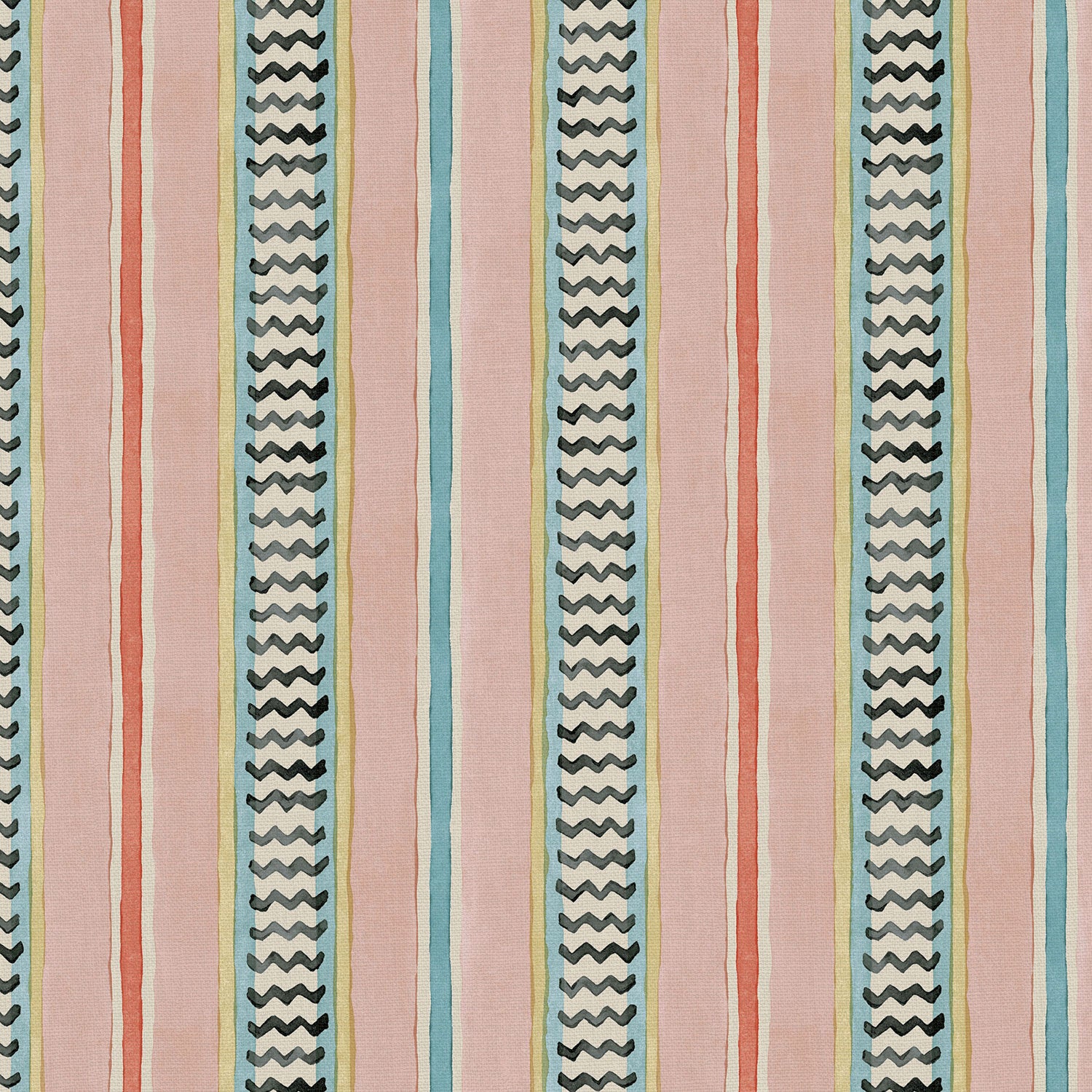 A multicoloured – pink, red and blue – printed linen fabric sample featuring stripes, wavy edges and zigzags.