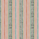 A multicoloured – pink, red and blue – printed linen fabric sample featuring stripes, wavy edges and zigzags.