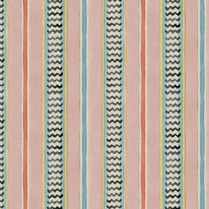 A multicoloured – pink, red and blue – printed linen fabric sample featuring stripes, wavy edges and zigzags.