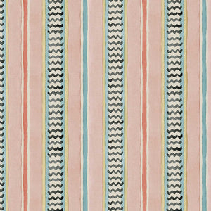 A multicoloured – pink, red and blue – printed linen fabric sample featuring stripes, wavy edges and zigzags.