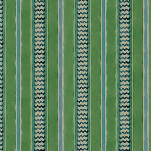 A multicoloured – green and blue – printed linen fabric sample featuring stripes, wavy edges and zigzags.