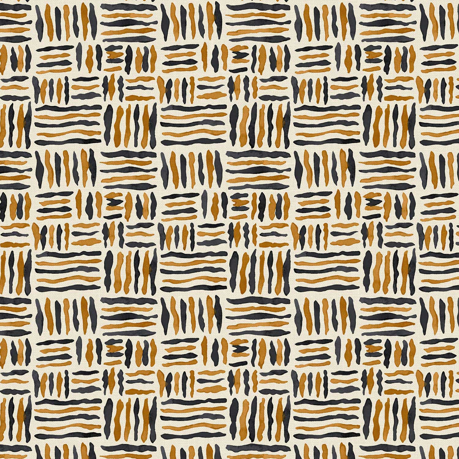 A printed linen fabric sample in black, orange and off white featuring a basketweave pattern.