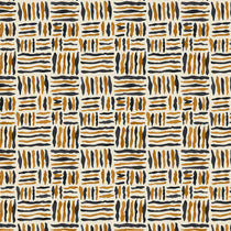 A printed linen fabric sample in black, orange and off white featuring a basketweave pattern.