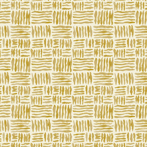 A printed linen fabric sample in yellow and off white featuring a basketweave pattern.