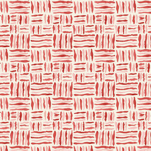 A printed linen fabric sample in red, pink and off white featuring a basketweave pattern.