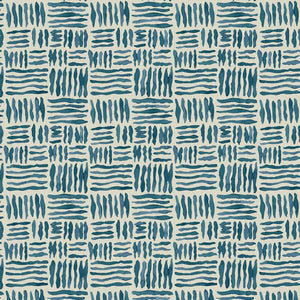 A printed linen fabric sample in blue and off white featuring a basketweave pattern.