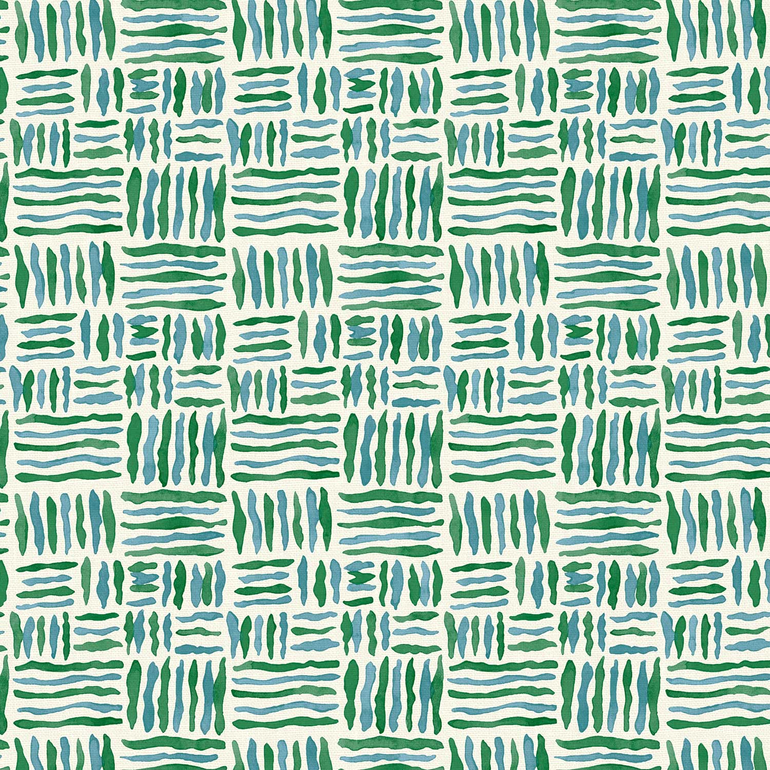 A printed linen fabric sample in blue, green and off white featuring a basketweave pattern.