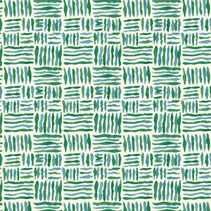 A printed linen fabric sample in blue, green and off white featuring a basketweave pattern.