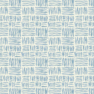 A printed linen fabric sample in blue and off white featuring a basketweave pattern.