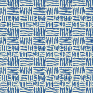 A printed linen fabric sample in blue and off white featuring a basketweave pattern.