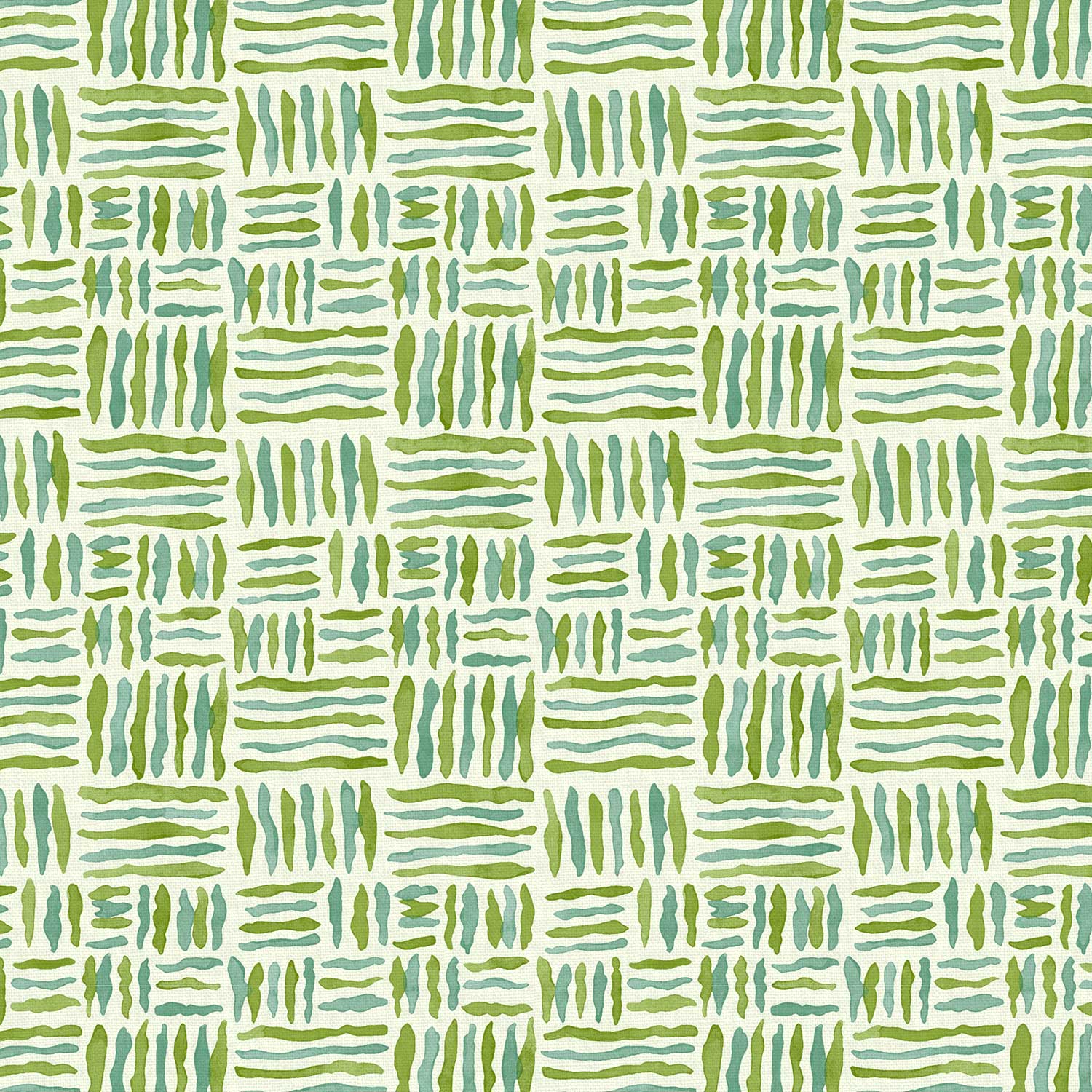 A printed linen fabric sample in green, blue and off white featuring a basketweave pattern.