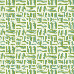 A printed linen fabric sample in green, blue and off white featuring a basketweave pattern.