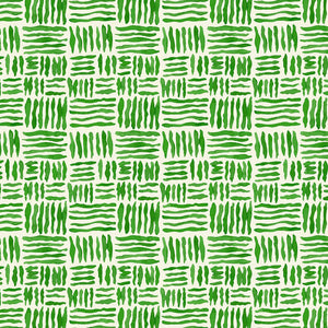 A printed linen fabric sample in green and off white featuring a basketweave pattern.