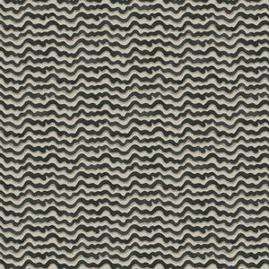 A printed linen fabric sample in black, brown and off white featuring a sound wave pattern