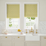 Blinds made from a printed linen fabric sample in yellow, blue and off white featuring a sound wave pattern
