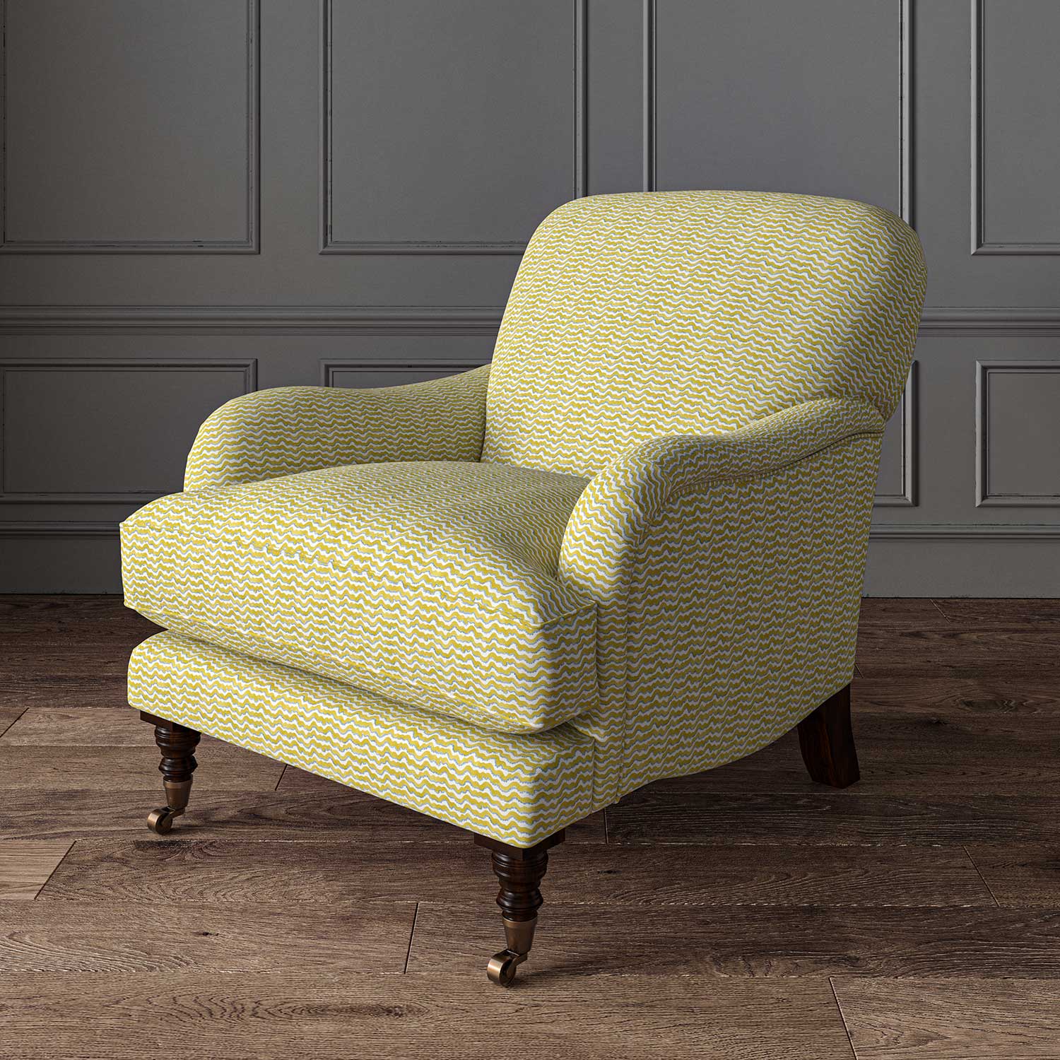 Chair upholstered in a printed linen fabric sample in yellow, blue and off white featuring a sound wave pattern