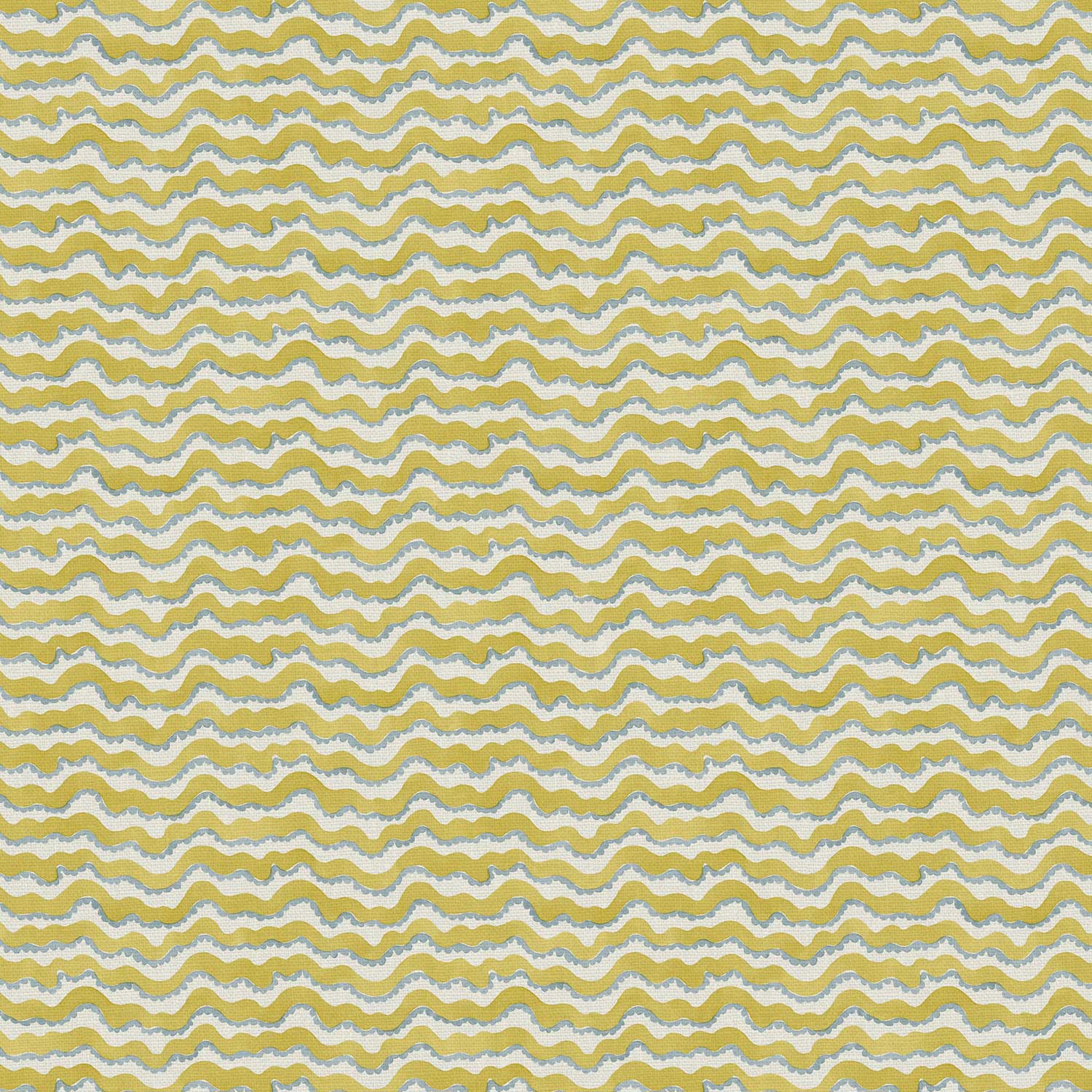 A printed linen fabric sample in yellow, blue and off white featuring a sound wave pattern