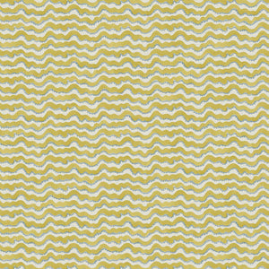 A printed linen fabric sample in yellow, blue and off white featuring a sound wave pattern